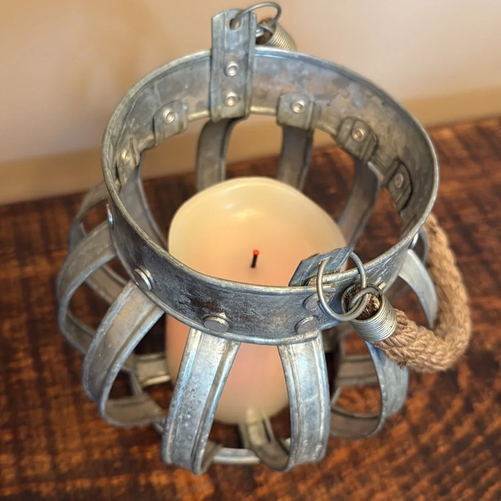 Rustic Farmhouse Galvanized Metal Crown Candle Holder Lantern with Rope Handle